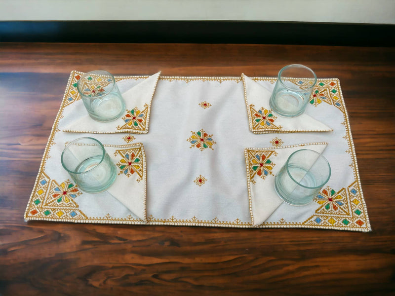 Embroidered Tray Cover & Napkins, Authentic Moroccan Hand embroidered linen Tray cloth + 6 napkins, Orange Tray Cover, heartwarming gift.