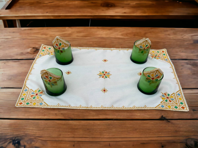 Embroidered Tray Cover & Napkins, Authentic Moroccan Hand embroidered linen Tray cloth + 6 napkins, Orange Tray Cover, heartwarming gift.