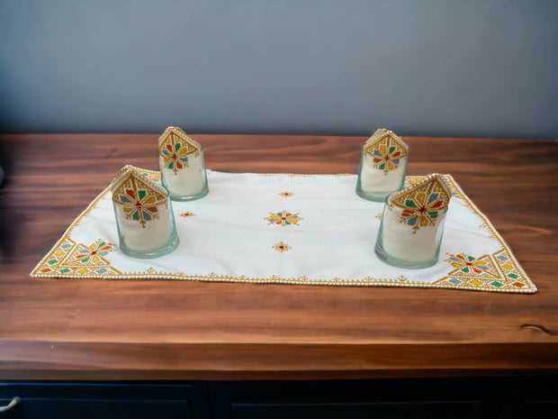 Embroidered Tray Cover & Napkins, Authentic Moroccan Hand embroidered linen Tray cloth + 6 napkins, Orange Tray Cover, heartwarming gift.