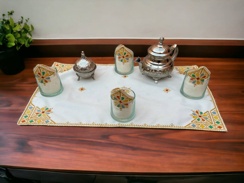 Embroidered Tray Cover & Napkins, Authentic Moroccan Hand embroidered linen Tray cloth + 6 napkins, Orange Tray Cover, heartwarming gift.