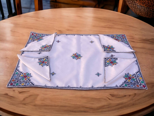 Embroidered Tray Cover & Napkins, Authentic Moroccan Hand embroidered linen Tray cloth + 6 napkins, Tray Cover, heartwarming gift.