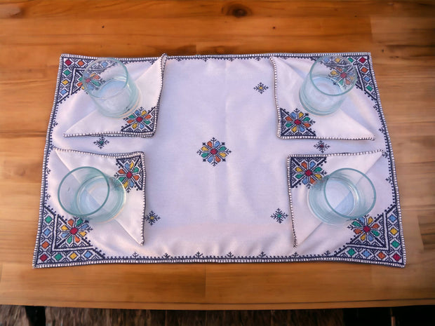 Embroidered Tray Cover & Napkins, Authentic Moroccan Hand embroidered linen Tray cloth + 6 napkins, Tray Cover, heartwarming gift.