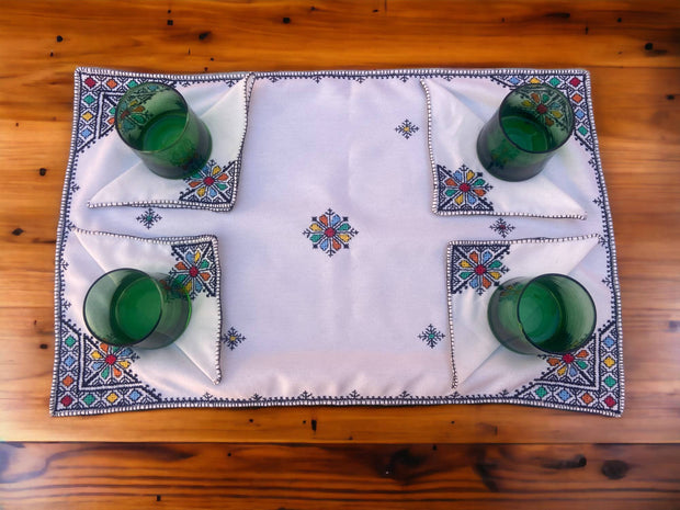 Embroidered Tray Cover & Napkins, Authentic Moroccan Hand embroidered linen Tray cloth + 6 napkins, Tray Cover, heartwarming gift.