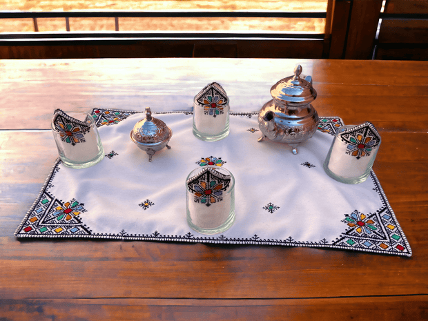 Embroidered Tray Cover & Napkins, Authentic Moroccan Hand embroidered linen Tray cloth + 6 napkins, Tray Cover, heartwarming gift.