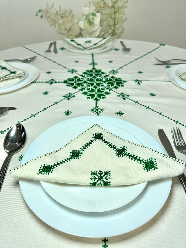 Green Hand Embroidered Table cloth and napkins, a magnificent decoration to add a Moroccan touch to your home. - handmade by Moroccantastics - embroidered