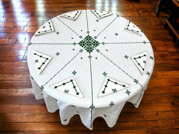 Green Hand Embroidered Table cloth and napkins, a magnificent decoration to add a Moroccan touch to your home. - handmade by Moroccantastics - embroidered