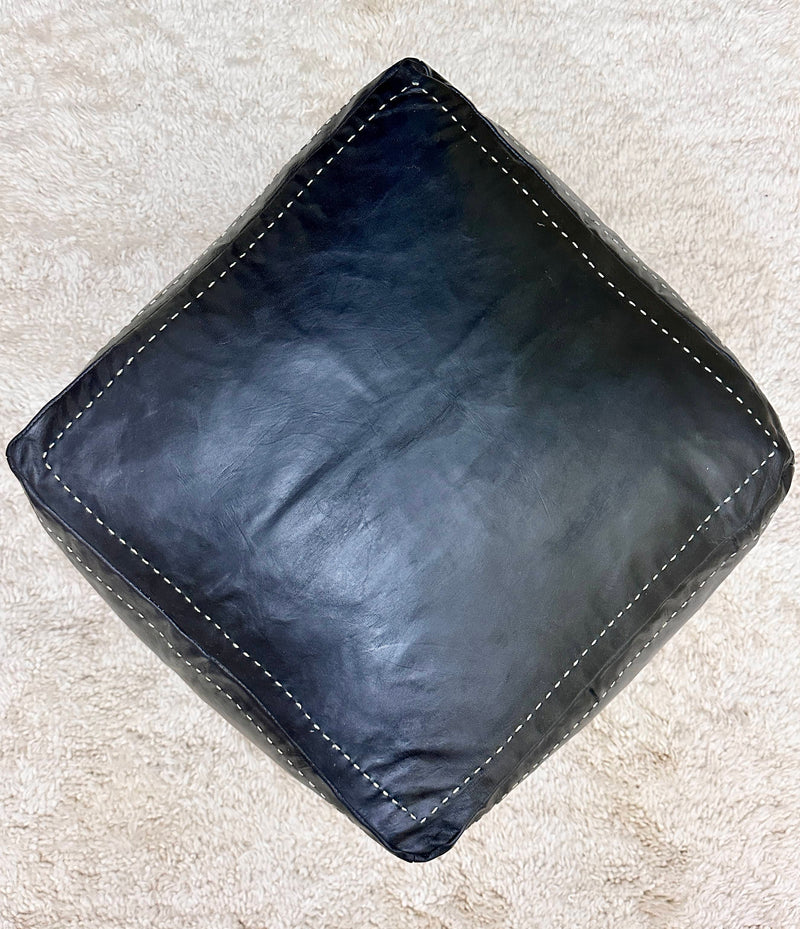 Black Square Moroccan Pouf - Timeless Elegance for Your Home - handmade by Moroccantastics - Black leather pouf, brown leather pouf, genuine Moroccan leather pouf, leather work, square pouf