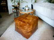 Simple Tabacco Square Moroccan Pouf: A Handcrafted Oasis of Comfort and Style - handmade by Moroccantastics - leather work, square pouf