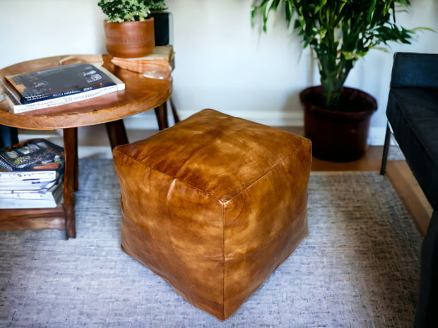 Simple Tabacco Square Moroccan Pouf: A Handcrafted Oasis of Comfort and Style - handmade by Moroccantastics - leather work, square pouf