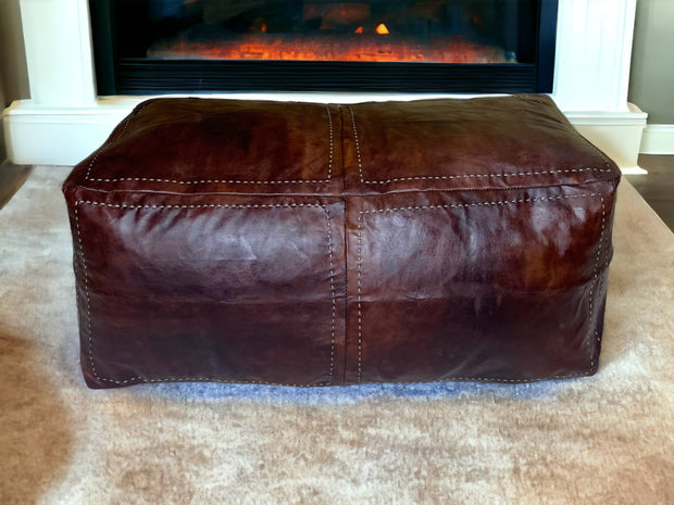Indulge in Moroccan Luxury with Our Exquisite Brown Two-Place Rectangular Leather Pouf - handmade by Moroccantastics - leather work, rectangular pouf