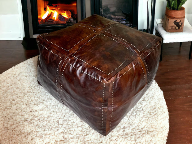 Enrich Your Living Space with Our Sumptuous Brown Square Leather Pouf: A Touch of Moroccan Elegance - handmade by Moroccantastics - leather work, square pouf