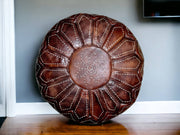 Embark on a Moroccan Odyssey with Our Exquisite Hand-Embroidered Round Brown Leather Ottoman Pouf - handmade by Moroccantastics - leather work, round pouf