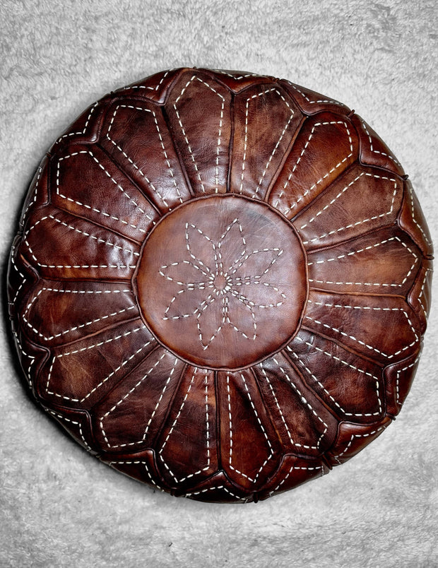 Embark on a Moroccan Odyssey with Our Exquisite Hand-Embroidered Round Brown Leather Ottoman Pouf - handmade by Moroccantastics - leather work, round pouf