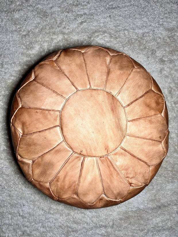 Naturally Tanned Round Leather Ottoman Pouf - handmade by Moroccantastics - leather work, round pouf