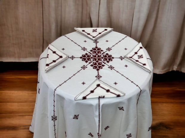 Burgundy Hand Embroidered Table cloth and napkins, a magnificent decoration to add a Moroccan touch to your home. - handmade by Moroccantastics - embroidered