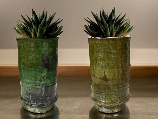 Artisan Handmade Moroccan Tamegroute  Green & Ochre Glazed Vase