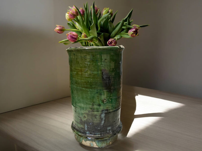 Artisan Handmade Moroccan Tamegroute  Green  Glazed Vase