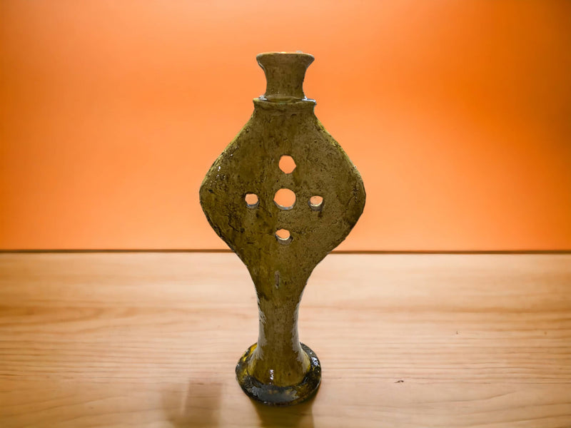 Handmade Tamegroute Green & Ochre Ceramic Candle Holders -Aloe Vera Shape