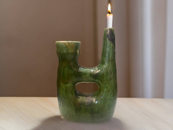Handcrafted Moroccan Green Tamegroute Large  Pipe Sculpture- Candlestick Holder / Vase