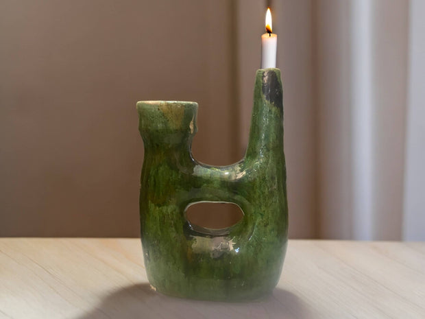 Handcrafted Moroccan Green Tamegroute Large  Pipe Sculpture- Candlestick Holder / Vase