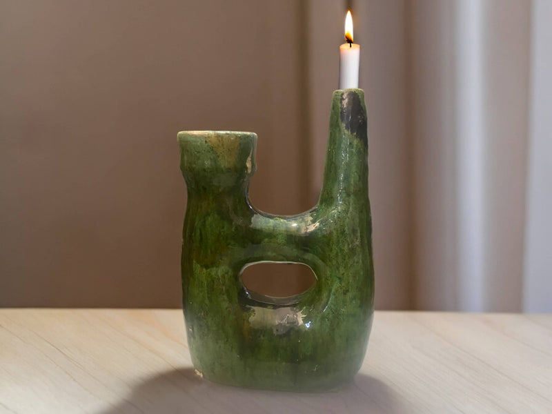 Handcrafted Moroccan Green Tamegroute Large  Pipe Sculpture- Candlestick Holder / Vase