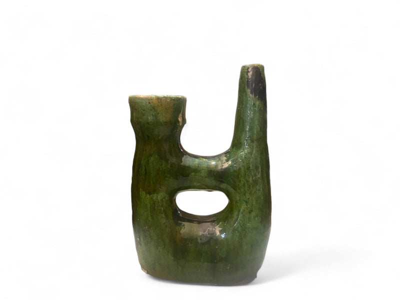 Handcrafted Moroccan Green Tamegroute Large  Pipe Sculpture- Candlestick Holder / Vase