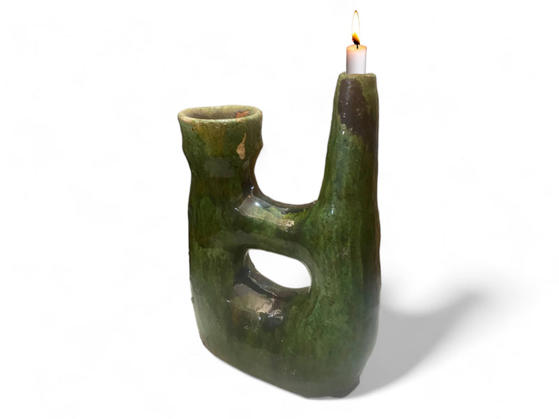 Handcrafted Moroccan Green Tamegroute Large  Pipe Sculpture- Candlestick Holder / Vase