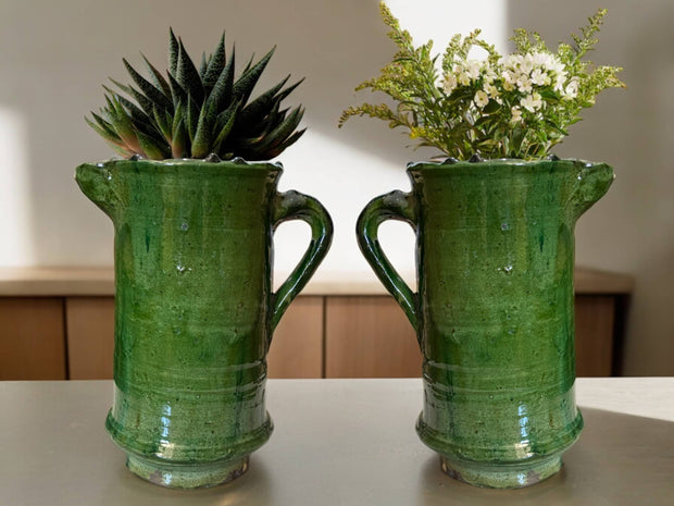 Artisan Handmade Moroccan Tamegroute  Green & Ochre Glazed Vase