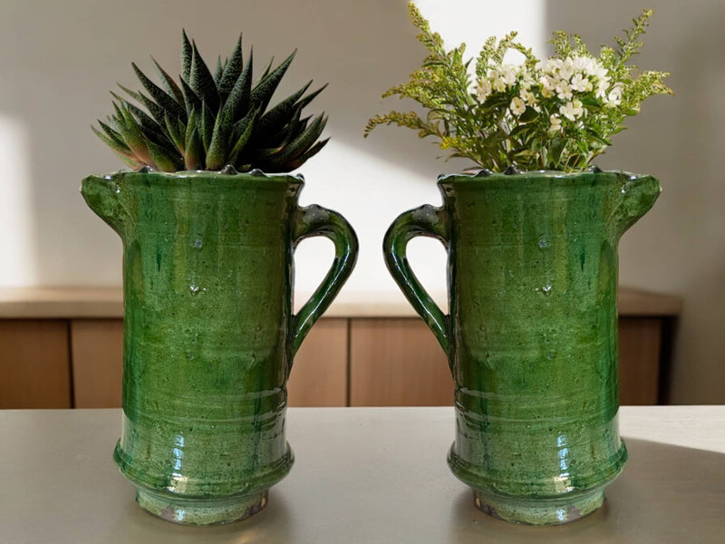 Artisan Handmade Moroccan Tamegroute  Green & Ochre Glazed Vase