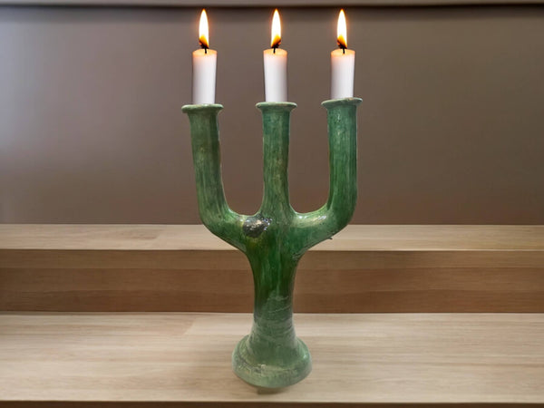 Handcrafted Moroccan Green Tamegroute Large 3-Branch Candlestick Holder