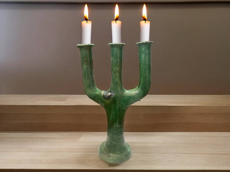 Handcrafted Moroccan Green Tamegroute Large 3-Branch Candlestick Holder
