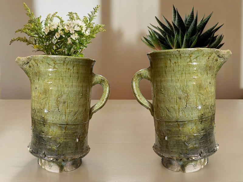 Artisan Handmade Moroccan Tamegroute  Green & Ochre Glazed Vase