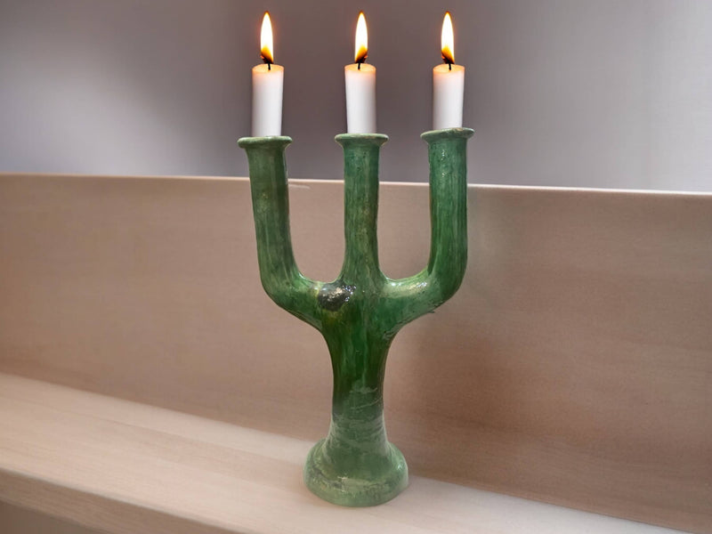 Handcrafted Moroccan Green Tamegroute Large 3-Branch Candlestick Holder