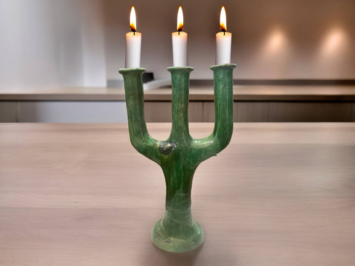 Handcrafted Moroccan Green Tamegroute Large 3-Branch Candlestick Holder