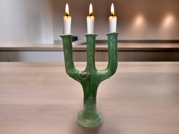 Handcrafted Moroccan Green Tamegroute Large 3-Branch Candlestick Holder
