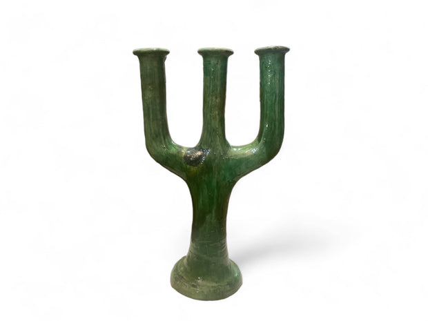 Handcrafted Moroccan Green Tamegroute Large 3-Branch Candlestick Holder