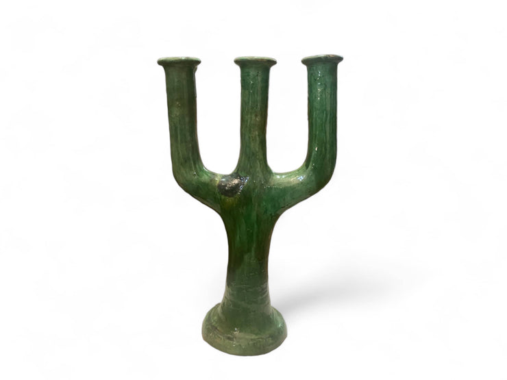 Handcrafted Moroccan Green Tamegroute Large 3-Branch Candlestick Holder