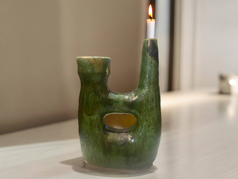 Handcrafted Moroccan Green Tamegroute Large  Pipe Sculpture- Candlestick Holder / Vase