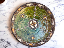 Handmade Antique Decorative Plate, Plate Green Glazed Pottery, Decorated with carved silver-plated copper and camel bones, Moroccan pottery