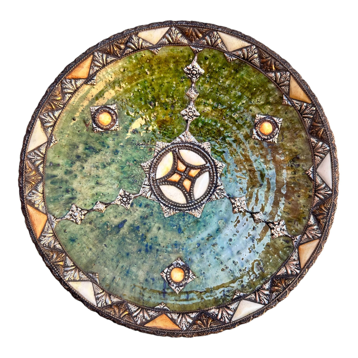 Handmade Antique Decorative Plate, Plate Green Glazed Pottery, Decorated with carved silver-plated copper and camel bones, Moroccan pottery