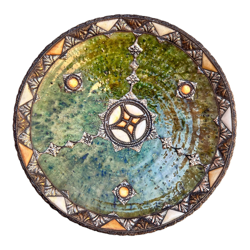 Handmade Antique Decorative Plate, Plate Green Glazed Pottery, Decorated with carved silver-plated copper and camel bones, Moroccan pottery