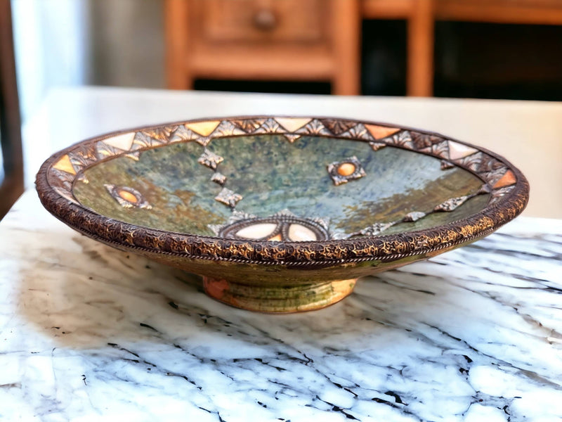 Handmade Antique Decorative Plate, Plate Green Glazed Pottery, Decorated with carved silver-plated copper and camel bones, Moroccan pottery