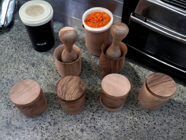 Exquisite Walnut Wood Spice Jar Set: Hand-Carved Elegance for Your Kitchen - handmade by Moroccantastics - wood work