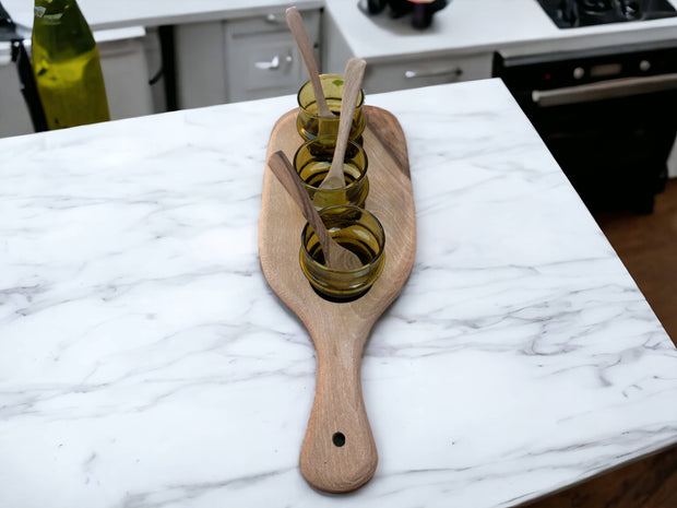 Heartwarming Walnut Wood Serving Set: Includes 3 Handmade Blown Moroccan Glasses, 3 Wooden Spoons, and 1 Nuts Bowl for Elegant Hospitality.