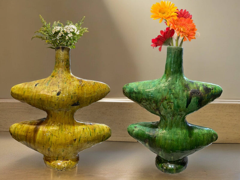Artisan Handmade Moroccan Tamegroute  Green & Ochre Glazed Vase