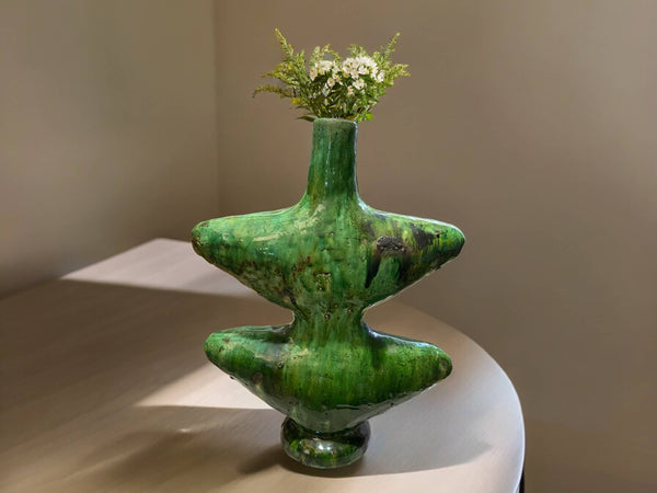 Artisan Handmade Moroccan Tamegroute  Green  Glazed Vase