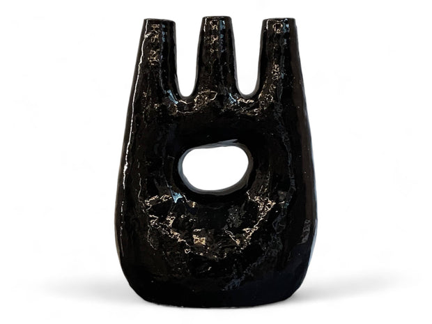 Handcrafted Moroccan Tamegroute Abstract Black Picasso Sculpture Triple Candlestick Holder