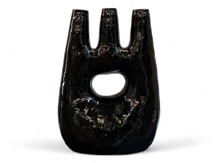 Handcrafted Moroccan Tamegroute Abstract Black Picasso Sculpture Triple Candlestick Holder