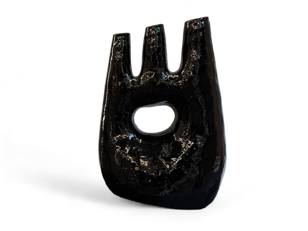 Handcrafted Moroccan Tamegroute Abstract Black Picasso Sculpture Triple Candlestick Holder