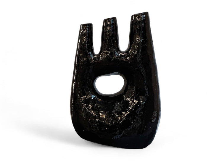 Handcrafted Moroccan Tamegroute Abstract Black Picasso Sculpture Triple Candlestick Holder